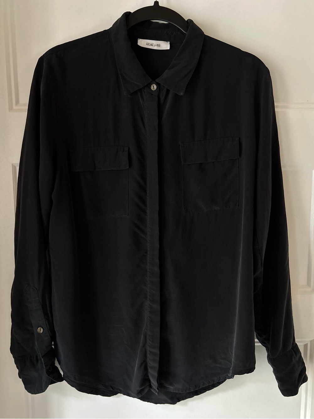 ANINE BING XS Black 100% Silk Button Down Shirt Utility Pockets Quiet Luxury
